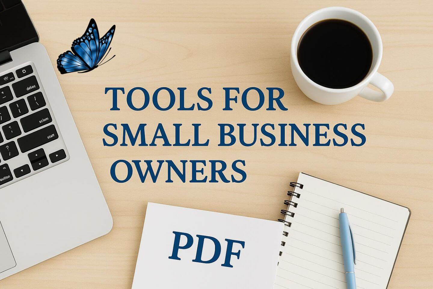 A blue butterfly, acorner of a laptop, a cup of black coffee, a notebook and pen, and a PDF beside the notebook, all on a desk with the words Tools For Small Business Owners.