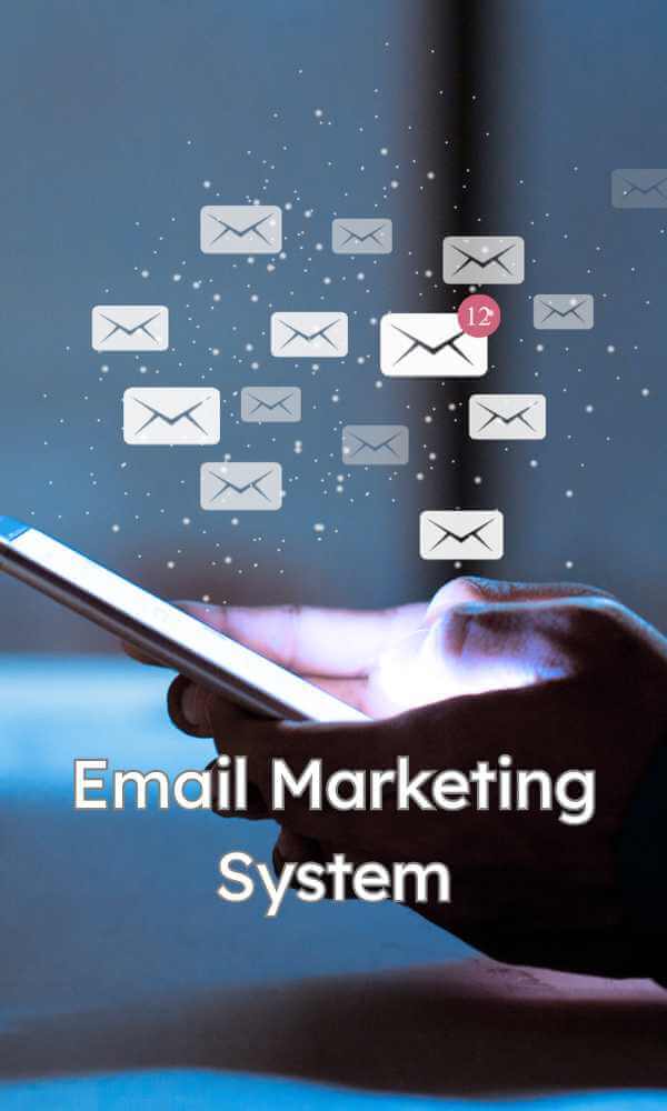 A hand holding a phone with envelopes rising from it. Text says Email Marketing System.
