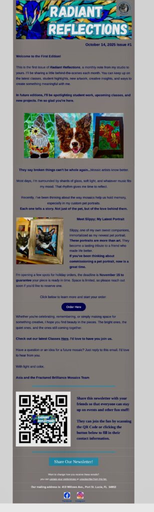 Picture of a sample newsletter for Fractured Brilliance Mosaics