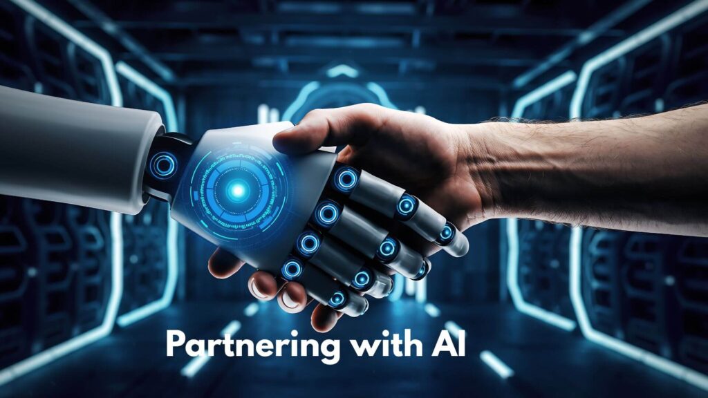 A robotic hand and human hand shaking hands with an AI landscape in the background and text reading Partnering with AI