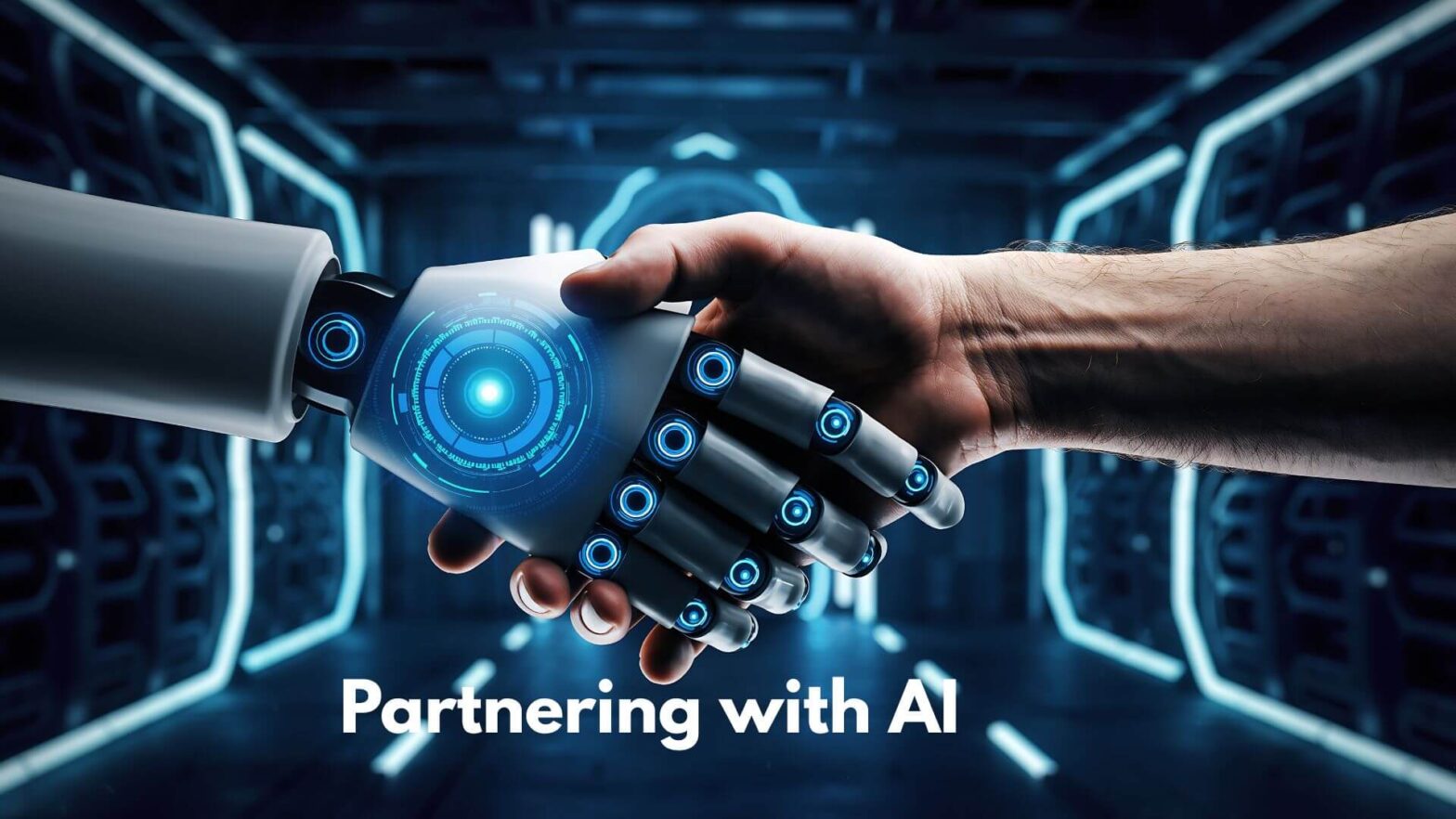 A robotic hand and human hand shaking hands with an AI landscape in the background and text reading Partnering with AI
