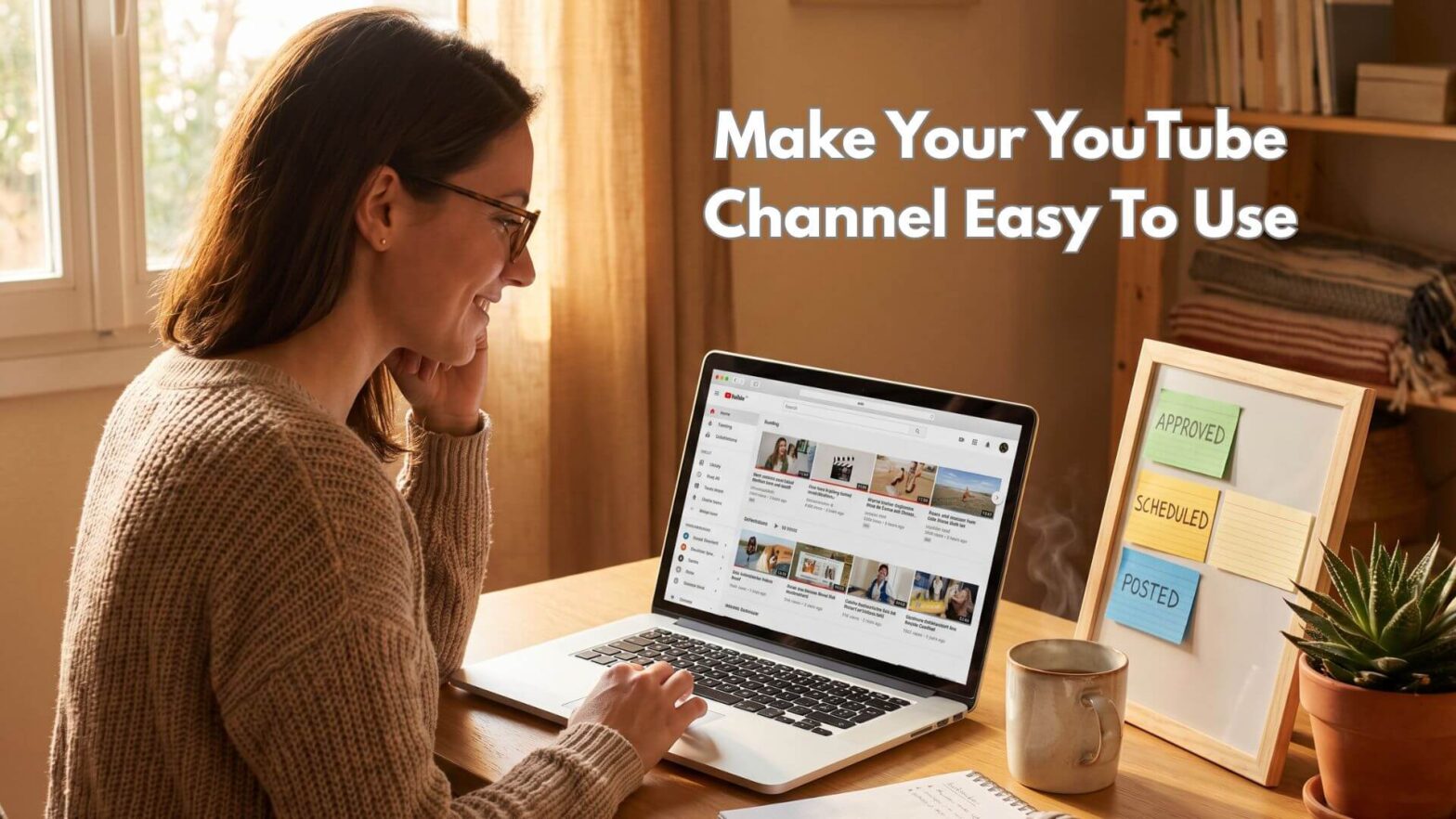 A woman wearing glasses sitting in front of a laptop with a YouTube Channel on the screen and test that says Make Your YouTube Channel Easy to Use.