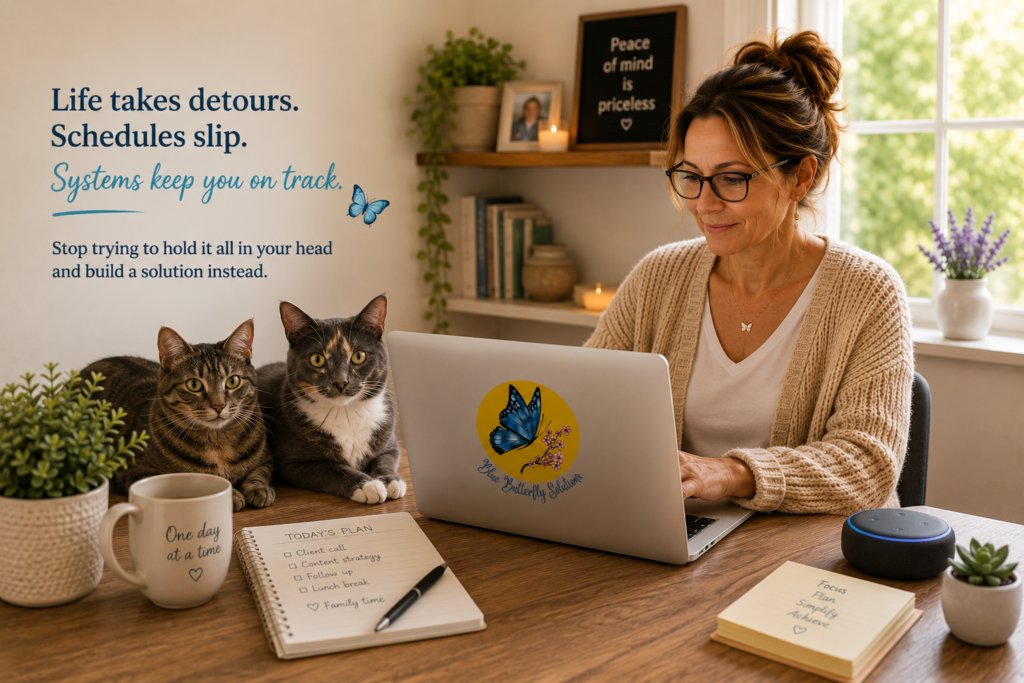 A cozy, sunlit home office with a woman working on her laptop while two cats rest beside her. The Blue Butterfly Solutions logo is displayed on the laptop, and inspirational text reminds viewers that although life takes detours and schedules slip, systems can help keep important things on track.