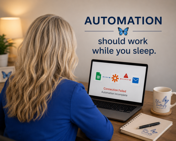 Woman with long blonde hair in a blue blouse sits at a desk looking at a laptop displaying a failed automation connection. Text above reads, “Automation should work while you sleep,” with a blue butterfly representing Blue Butterfly Solutions.