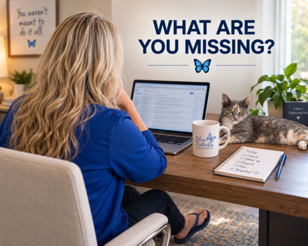 Woman working at a desk with a laptop and planner beside a cat, with the message “What Are You Missing?” displayed above her workspace.